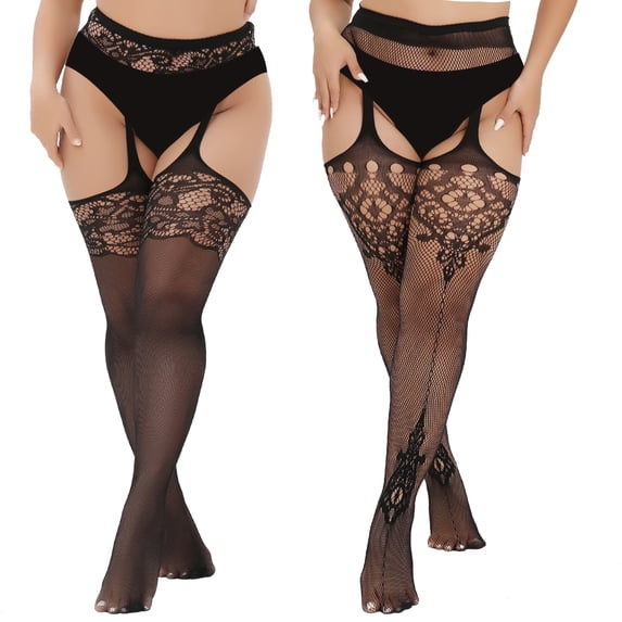 Manzi 2 Pairs Plus Size Stockings Thigh High Fishnet Stockings for Women Suspender Patterned Tights