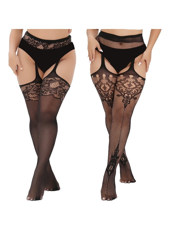 2 Pairs Plus Size Stockings Thigh High Fishnet Stockings for Women Suspender Patterned Tights