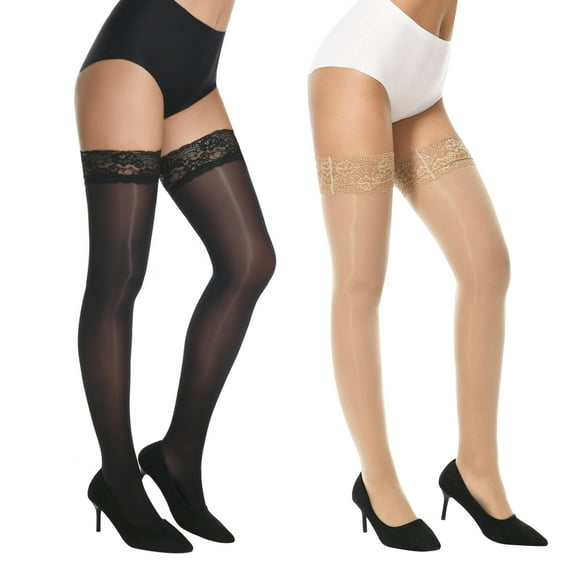 Manzi 2 Pairs Shiny Stockings Lace Top Stay Up Shimmery Pantyhose for Women