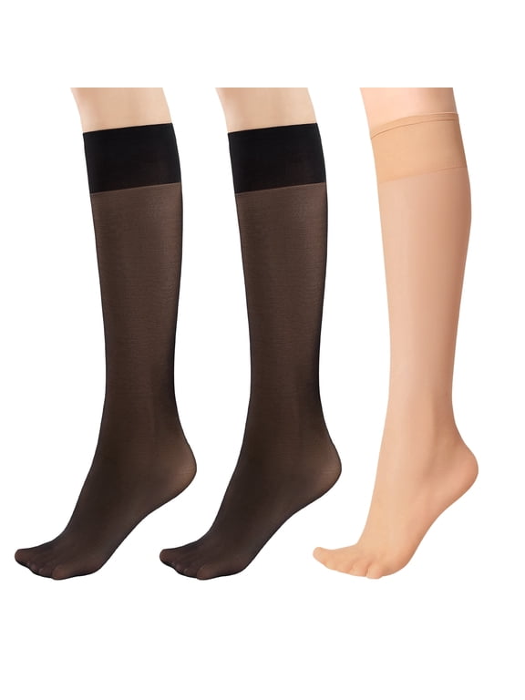 3 Pairs Sheer Knee High Stockings for Women 15 Denier Knee High Socks with Reinforced Toe