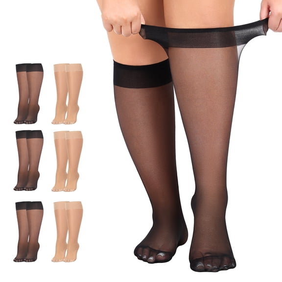 Manzi 6 Pairs Plus Size Knee High Stockings for Women 15D Sheer Nylons Wide Calf Socks