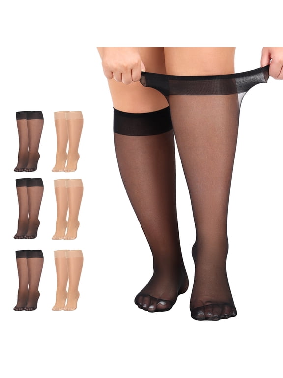 6 Pairs Plus Size Knee High Stockings for Women 15D Sheer Nylons Wide Calf Socks