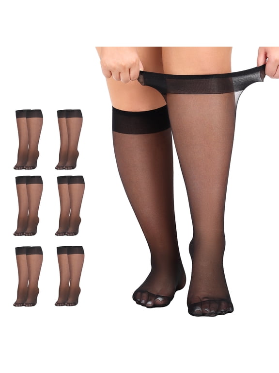 6 Pairs Plus Size Knee High Stockings for Women 15D Sheer Nylons Wide Calf Socks