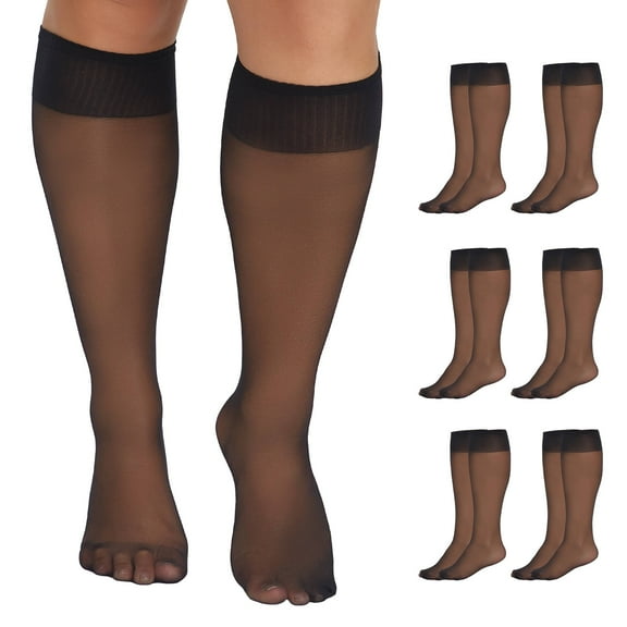 Manzi 6 Pairs Plus Size Knee High Stockings for Women Sheer Nylons Socks