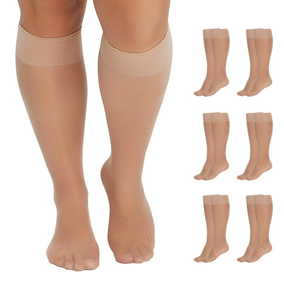 Manzi 6 Pairs Plus Size Knee High Stockings for Women Sheer Nylons Socks