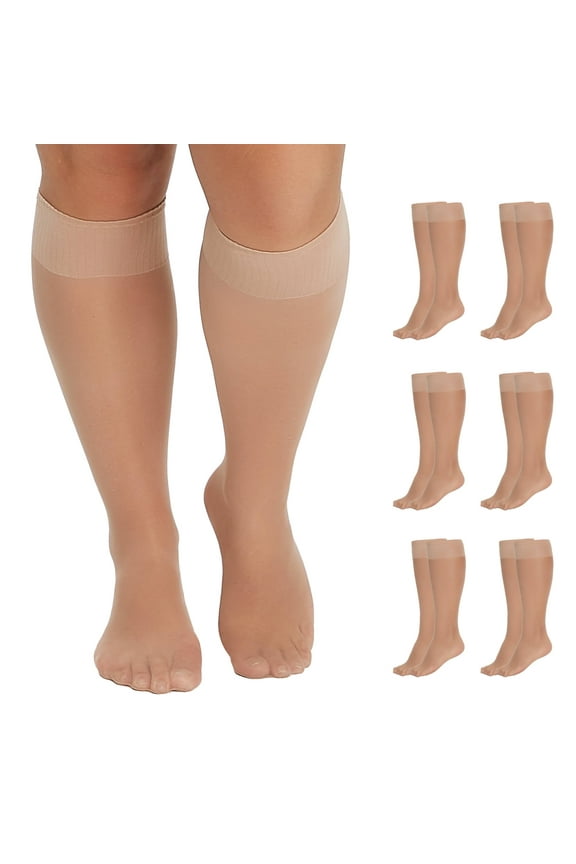 6 Pairs Plus Size Knee High Stockings for Women Sheer Nylons Socks