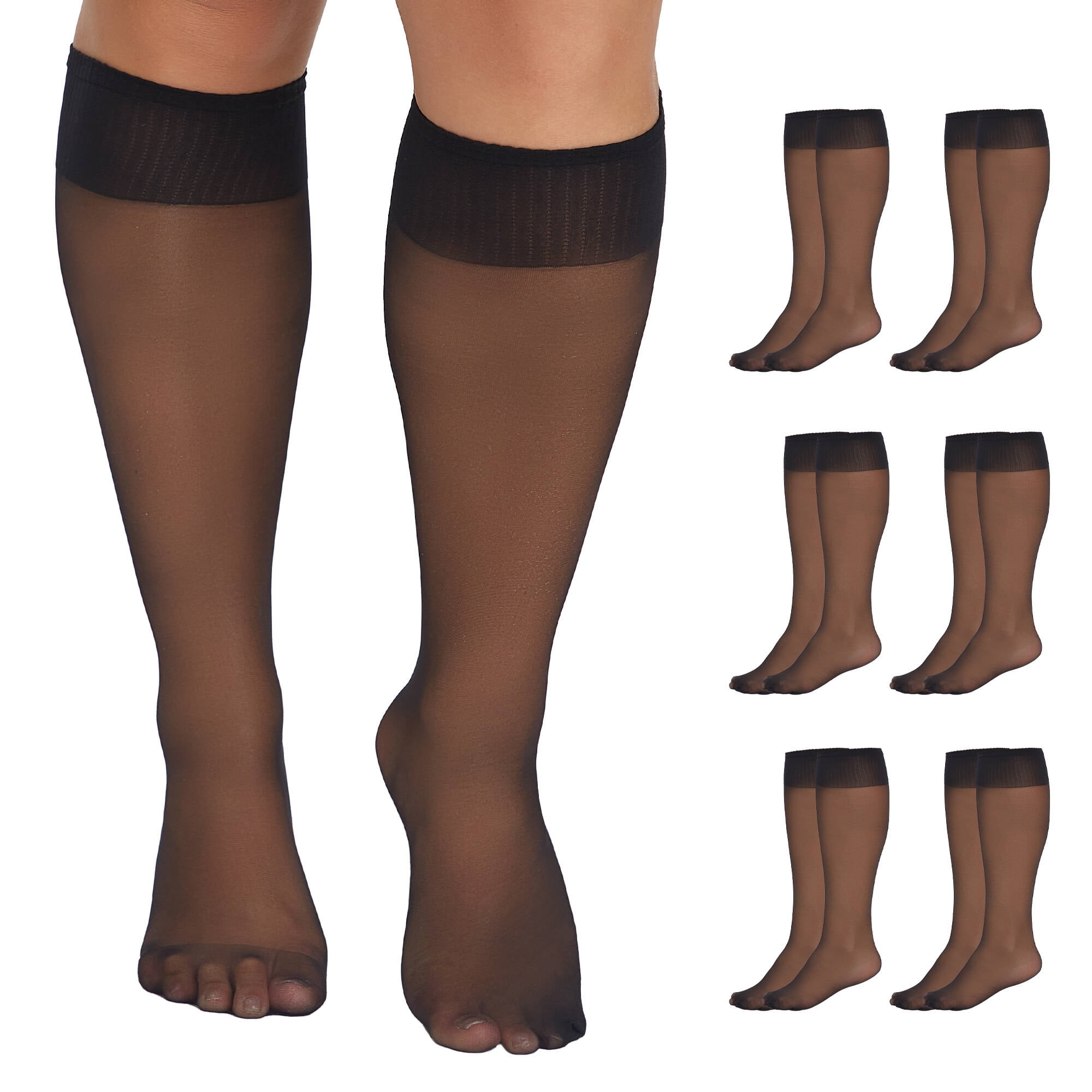 Manzi 6 Pairs Plus Size Knee High Stockings for Women Sheer Nylons Socks