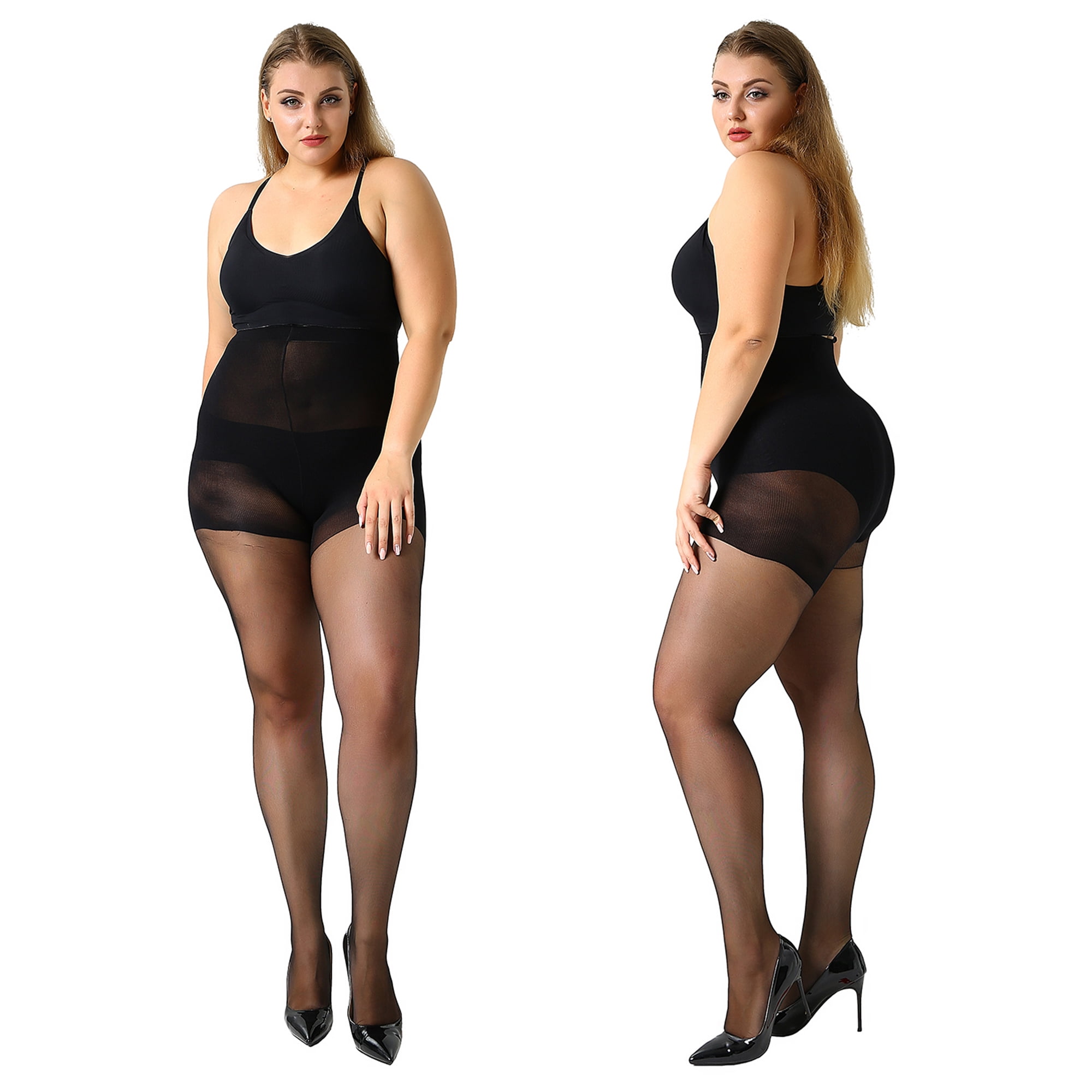 MANZI 2 Pairs Women's Control Top Plus Size Pantyhose Opaque Sheer
