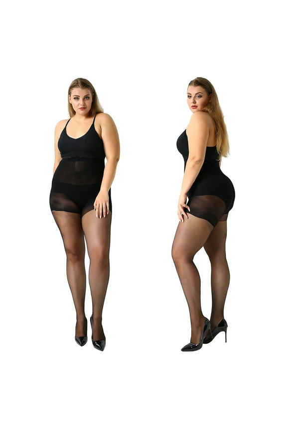 Women's 2 Pack Plus Size Control Top Leggings Black Pantyhose