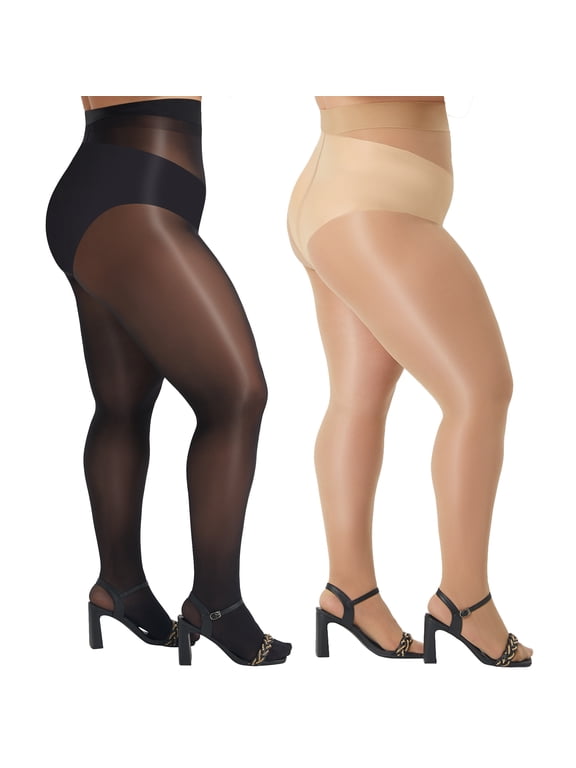 Women's Plus Size Oil Shiny Pantyhose 15D Shimmer Silky Tights High Waist Stockings 2 Pairs