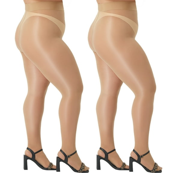 Manzi Women's Plus Size Oil Shiny Pantyhose 15D Shimmer Silky Tights High Waist Stockings 2 Pairs