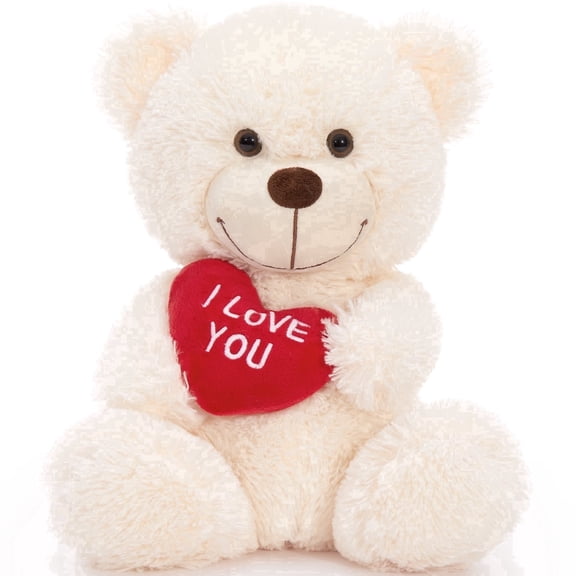 MaoGoLan 11'' Teddy Bear Stuffed Animal Cute Off-White Bear With A Heart Plush Toy