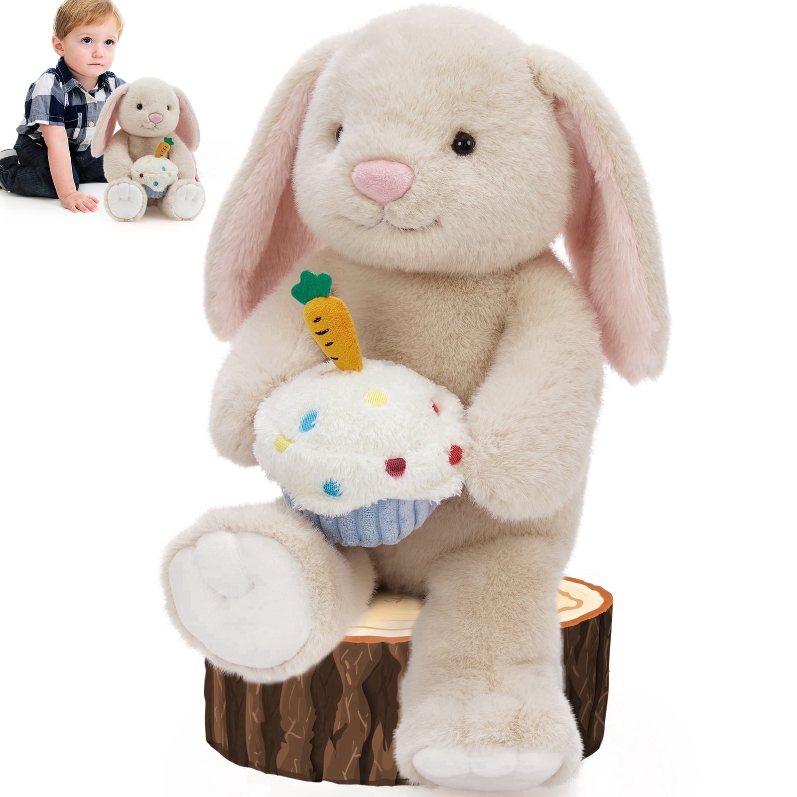 MaoGoLan 18'' Rabbit Stuffed Animal Cute Stuffed Rabbit With A Birthday Carrot Cake Plush Toy