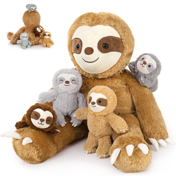 MaoGoLan 22" Brown Sloth Stuffed Animal Mommy Sloth Plush Toy with 4 Baby Plush Toys