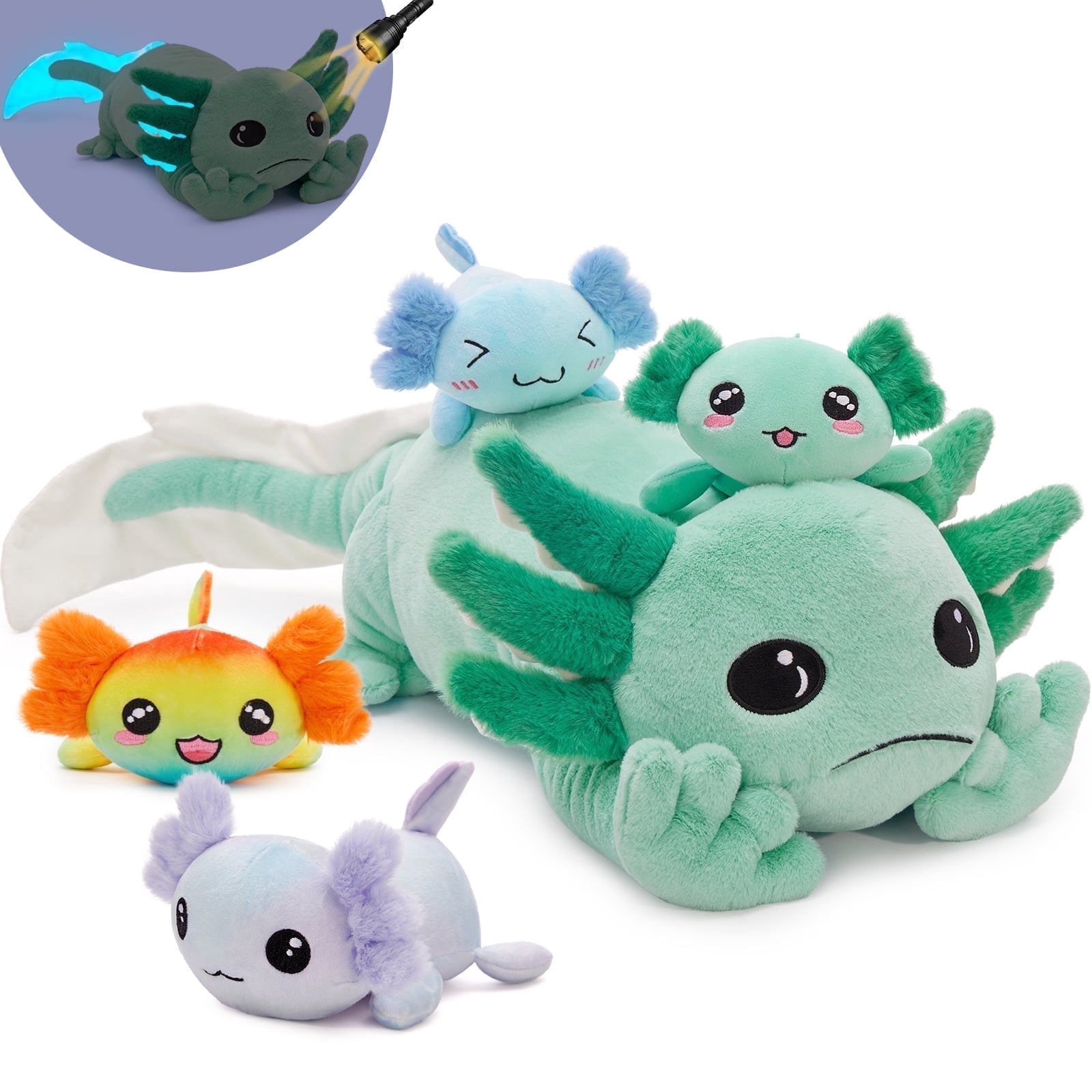 MaoGoLan 31.89" Giant Glow in the Dark Axolotl Stuffed Animals with 4 Babies Inside Large Axolotl Plush Toy