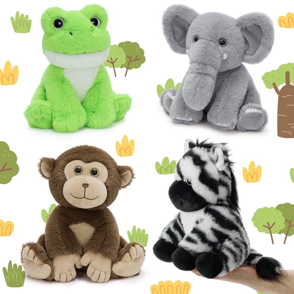 MaoGoLan 4-Packs 8" Soft Bulk Stuffed Animals and Plush Toys, Monkey, Zebra, Elephant,Frog Stuffed Plush