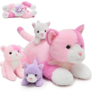 MaoGoLan 4 Piece Cats Stuffed Animals 13.8 inch Mom Plush Cat with 3 Kittens Stuffed in Zipper Pouch