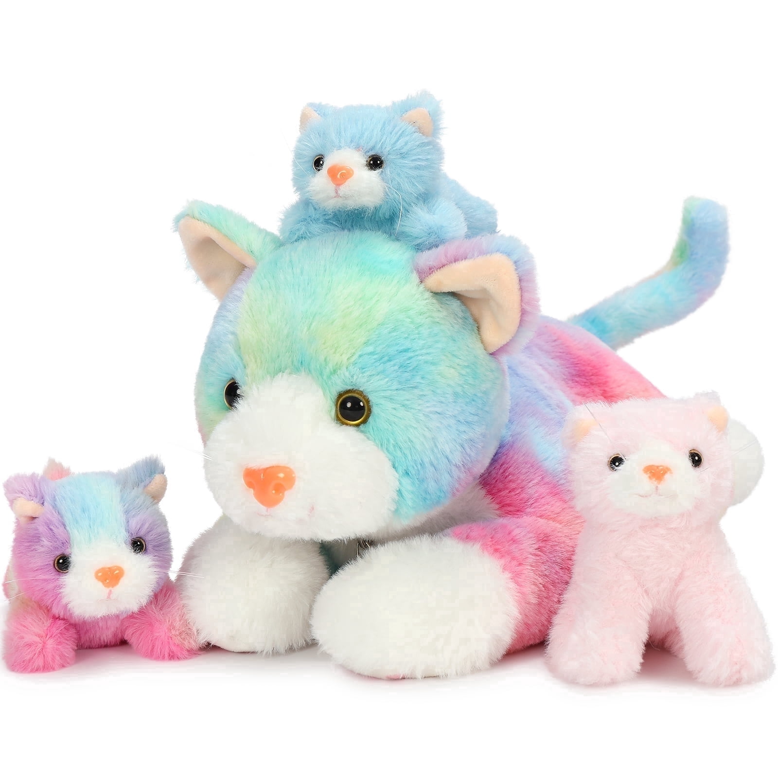 MaoGoLan 4 Piece Cat Stuffed Animals 15.7 inch Mom Plush Cat with 3 Kittens Stuffed in Zipper Pouch Stuffed KittenToys