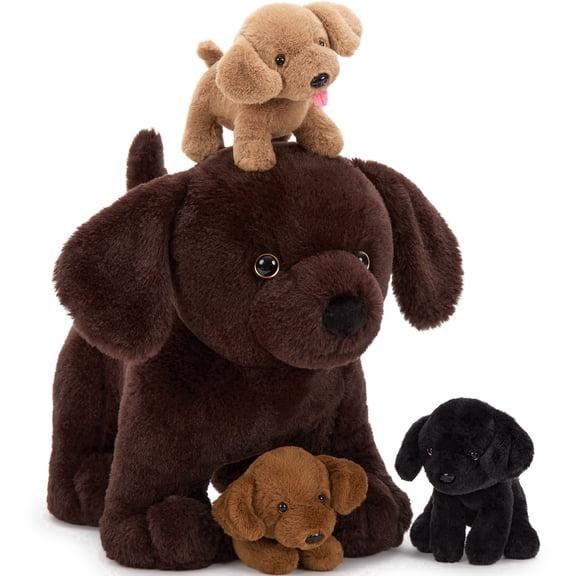 MaoGoLan 4pcs Chocolate Labrador Stuffed Animals 15.7'' Plush Dog with 3 Dog Babies Plush Toy