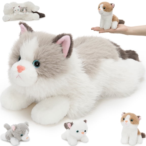 MaoGoLan 4 Pcs Ragdoll Cat Stuffed Animal Large Cat with 3 Baby Cats Plush Toy
