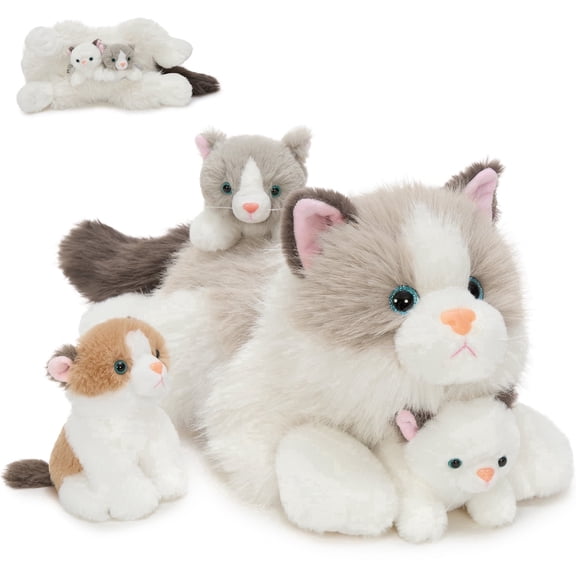 MaoGoLan 4 Pcs Ragdoll Cat Stuffed Animal Large Cat with 3 Baby Cats Plush Toy