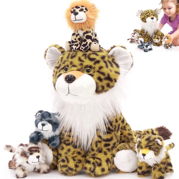 MaoGoLan 5pcs Cheetah Stuffed Animal Large 13'' Cheetah with 4 Baby Cheetahs Plsuh Toy Inside