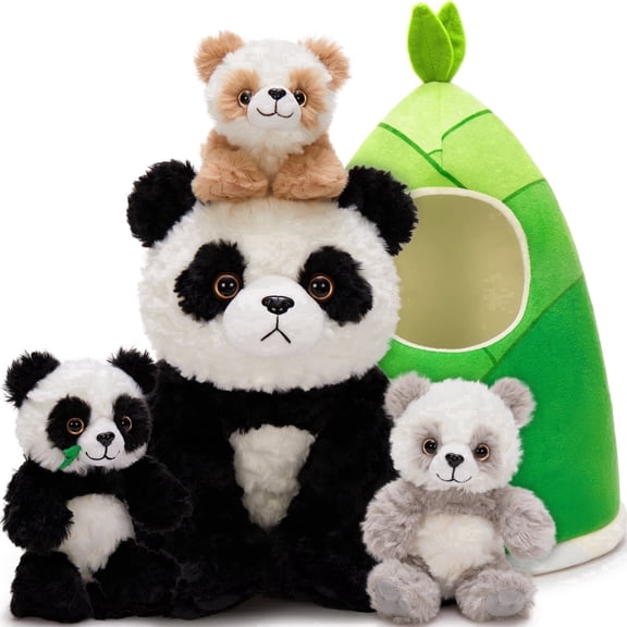 MaoGoLan 5pcs Panda Stuffed Animal 17'' Giant Panda and Bamboo Shoot With 3 Panda Babies Plush Toy