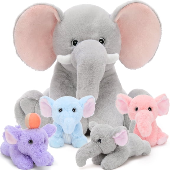 MaoGoLan 5pcs Elephant Stuffed Animals 15.7'' Mommy Elephant Plush Have Rotatable Trunks with 4 Baby Elephants Inside