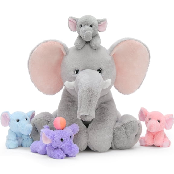 MaoGoLan 5pcs Elephant Stuffed Animals 15.7'' Mommy Elephant Plush Have Rotatable Trunks with 4 Baby Elephants Inside