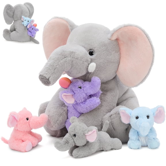 MaoGoLan 5pcs Elephant Stuffed Animal 15.7'' Mommy Elephant Plush Have Rotatable Trunks with 4 Baby Elephants Inside Elephant Plush Toy