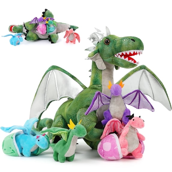MaoGoLan 7 Pcs Dragon Plush 21.6'' Large Stuffed Mommy Dragon with 4 Babies and 2 Eggs Stuffed Dragon Toys