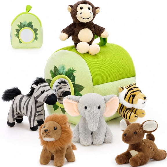 MaoGoLan 7 Pcs Forest Animal Stuffed Animals 8'' Zoo House with 6 Cute Forest Animal Elephant/Lion/Tiger/Deer/Monkey/Zebra Plush Toys