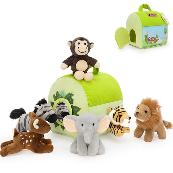 MaoGoLan 7 Pcs Forest Animal Stuffed Animals 8'' Zoo House with 6 Cute Forest Animal Elephant/Lion/Tiger/Deer/Monkey/Zebra Plush Toys