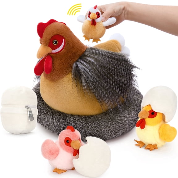 MaoGoLan 8Pcs Chicken Stuffed Animals with 3 Babies Chickens, 3 Eggs, 1 Nest House Stuffed Chick Plush Set Toys Farm Plush Toy with Movement can Make Sounds