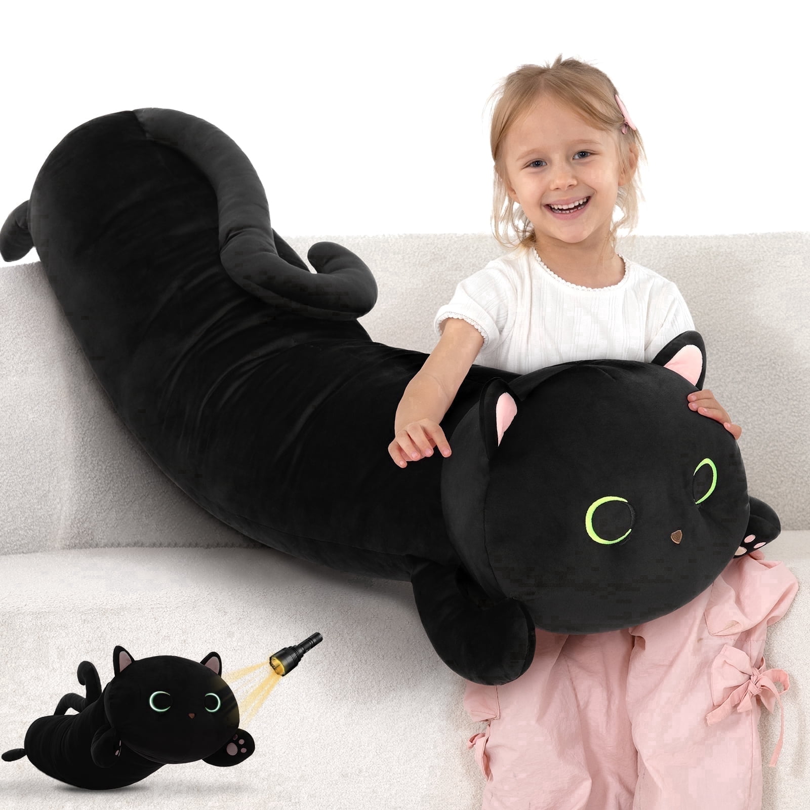 MaoGoLan Black Cat Plush Body Pillow 44'' Giant Glow in The Dark Cat Stuffed Animal Toy