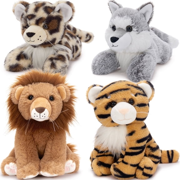 MaoGoLan 4 Pcs Safari Stuffed Animals Stuffed Forest Animals Lions/Tigers/Leopards/Wolf Plush Toy