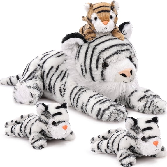 MaoGoLan 4pcs White Tiger Stuffed Animals Mommy Tiger with 3 Cubs