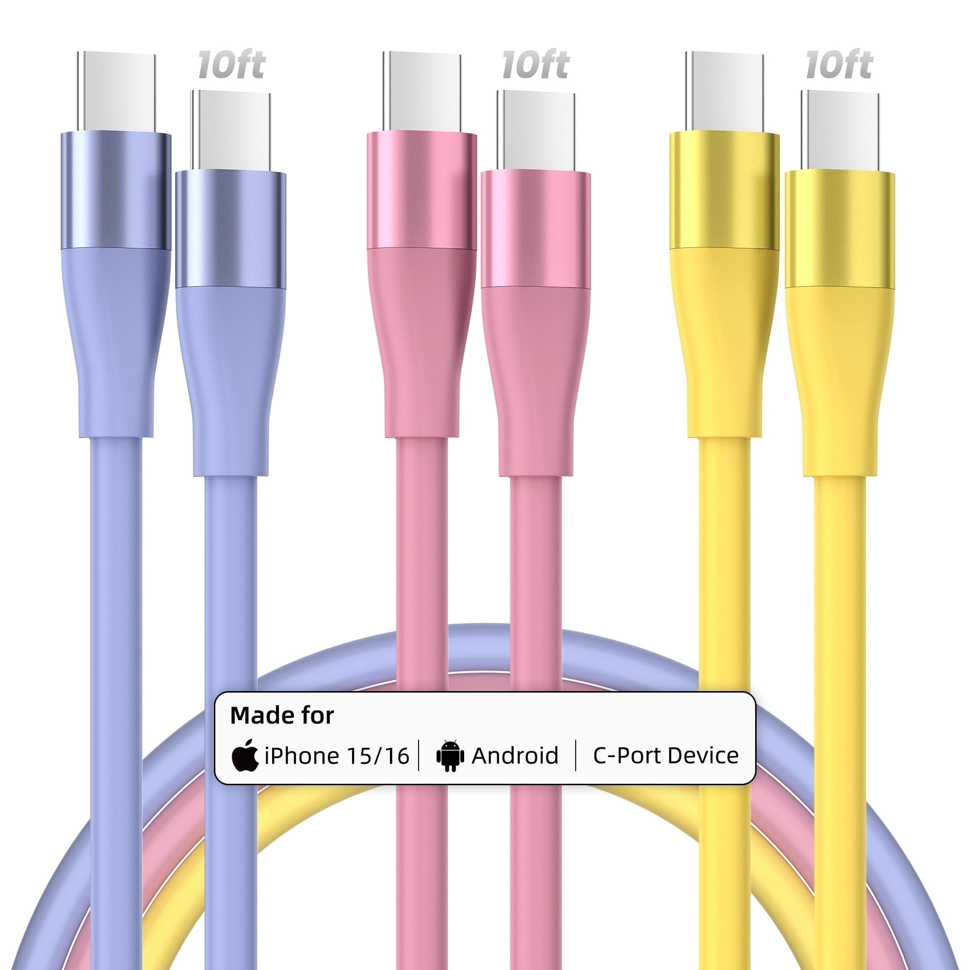 Bkayp USB C Cable [ 3 Pack 10ft ] Type-C Charger Cord 3A Super Fast Charging Compatible with iPhone 17/16/15, Samsung Galaxy, Multi-Color