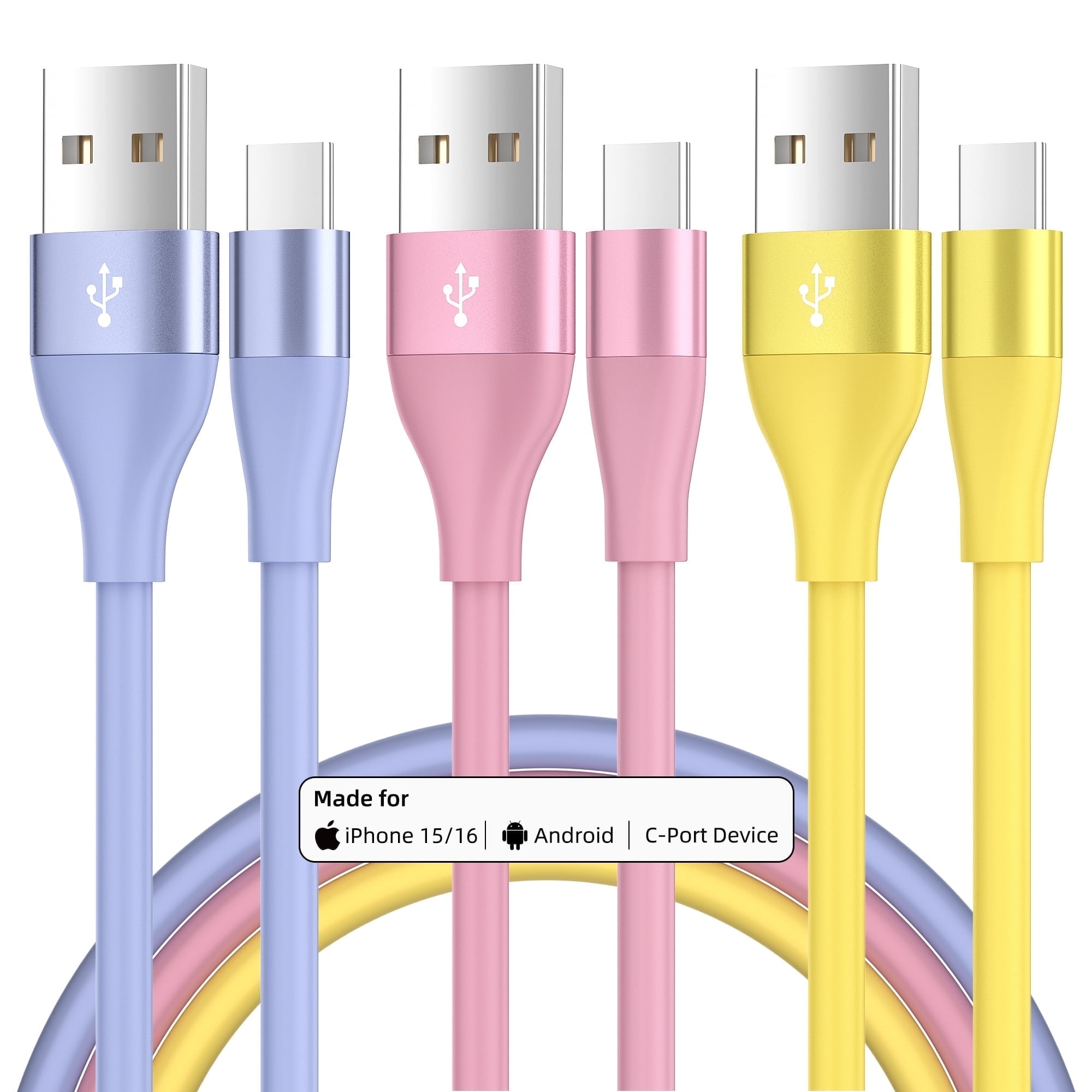 Bkayp USB C Cable, 3 Pack 10ft Type-C Charger Cords, Fast Charging Cable Compatible with iPhone 17/16/15, Samsung Galaxy, Multi-Color