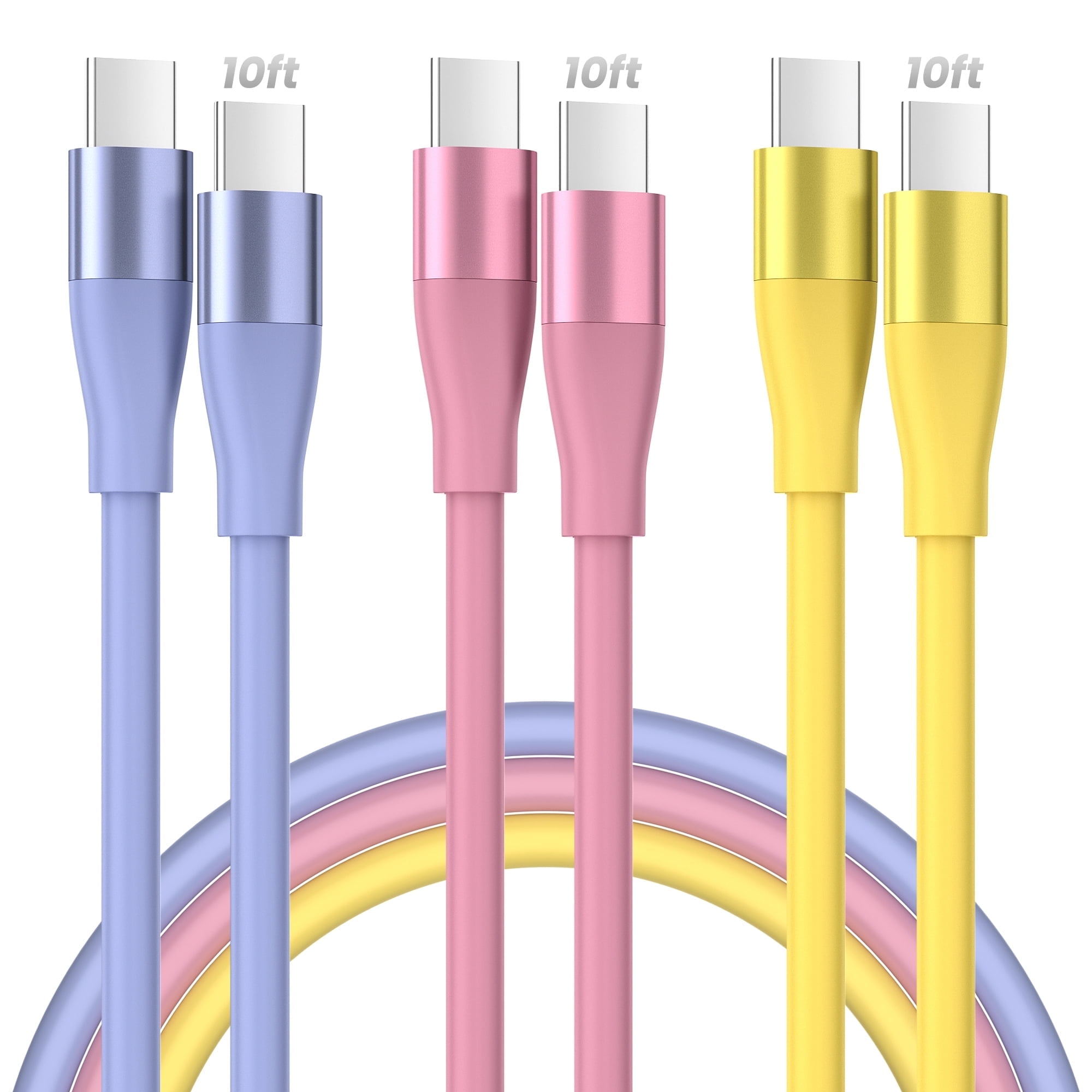 Bkayp USB C Cable, 3 Pack 10ft Type-C Charger Cords, 3A Fast Charging Cable Compatible with iPhone 16/15, Samsung Galaxy, Multi-Color