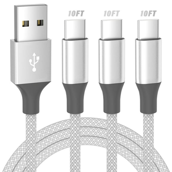 Bkayp USB C Cable, 3 Pack 10ft Fast Charging USB C Charger, Nylon Braided Type C Charger Cord Compatible with iPhone 17/16/15, Samsung Galaxy, Gray