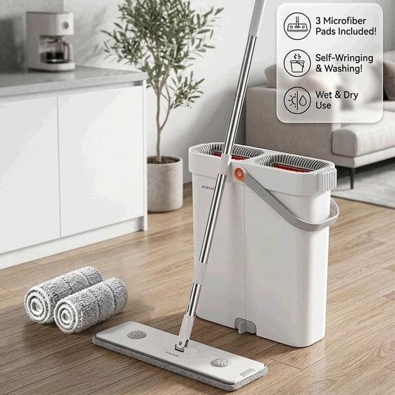 Maoface Mop and Bucket with Wringer Set, Flat Mop and Bucket Set, Hands-Free Cleaning System with Reusable Microfiber Mop Pads, Portable Bucket with Handle for Floor Cleaning
