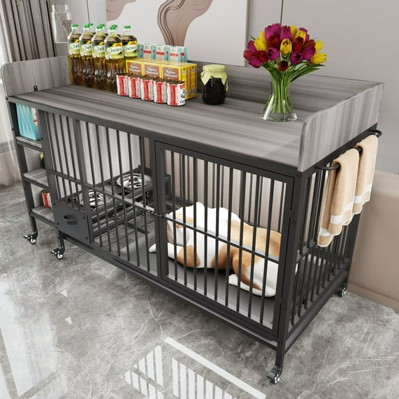 Maolilaker Dog Crate Pet Crate Dog House Kennel Large Size Dog Crate Furniture Style Dog Crate Made of Iron Pipe With Storage With Push-Pull Food and Water Bowl 360 Degree Casters(gray-01)