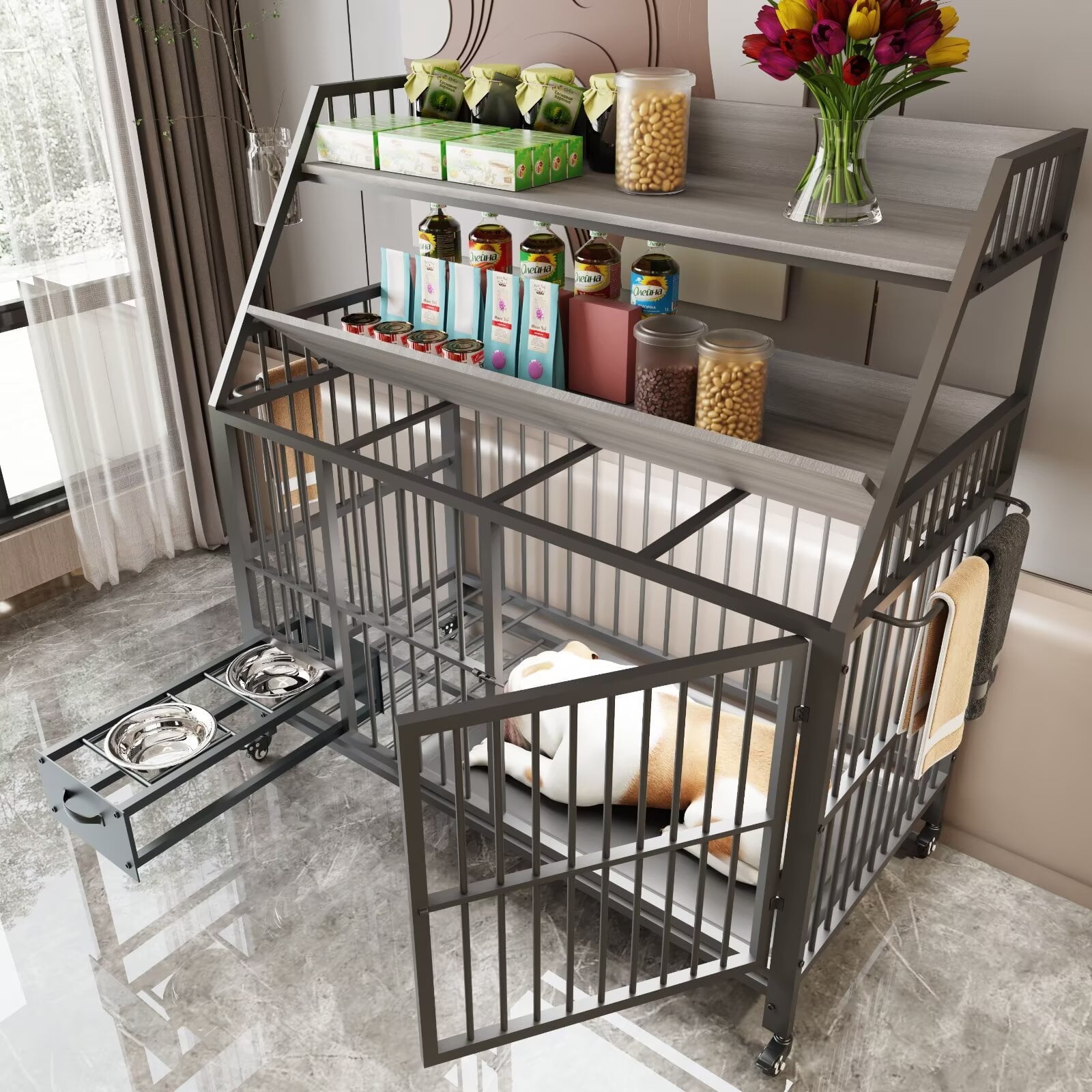 Maolilaker Dog Crate Pet Crate Dog House Kennel Large Size Dog Crate Furniture Style Dog Crate Made of Iron Pipe With Storage With Push-Pull Food and Water Bowl 360 Degree Casters(gray-02)