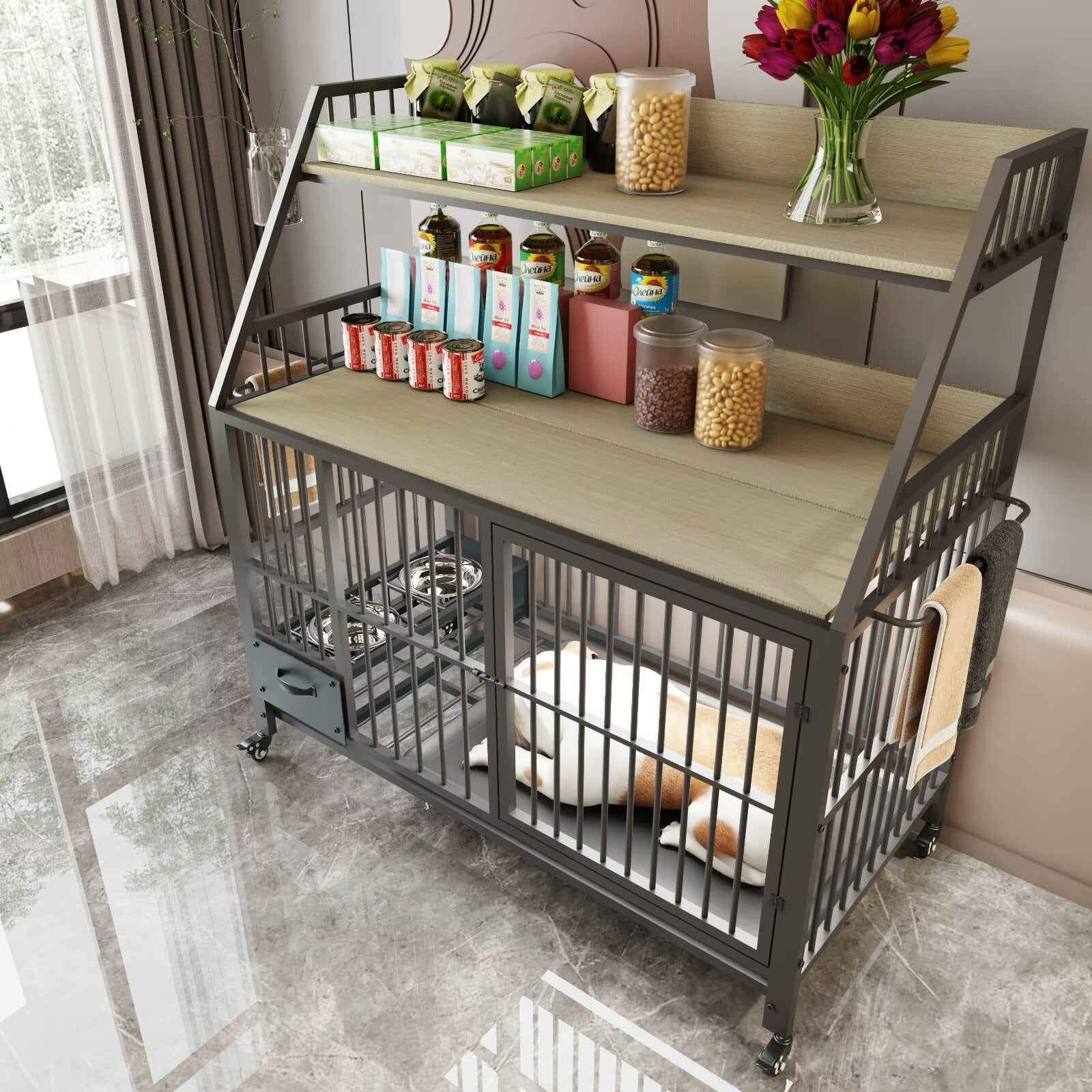 Maolilaker Dog Crate Pet Crate Dog House Kennel Large Size Dog Crate Furniture Style Dog Crate Made of Iron Pipe With Storage With Push-Pull Food and Water Bowl 360 Degree Casters(beige-02)