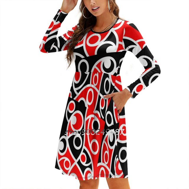 Maori Kowhaiwhai Layered Pattern Slim Dress With Hollow Waist Autumn Winter Sexy V Neck Long 2164