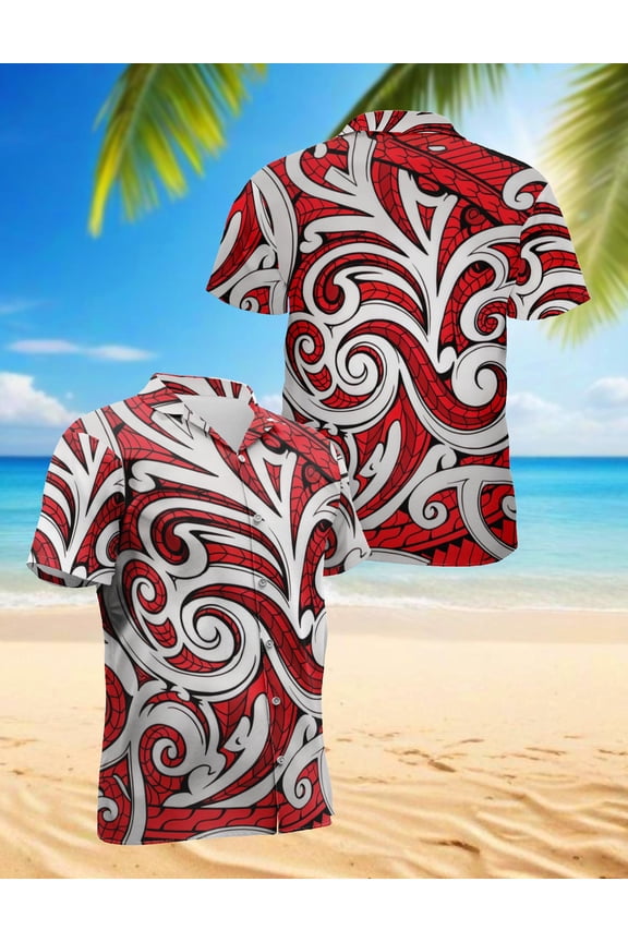 Maori Kowhaiwhai Polynesian Hawaiian Shirt for Men, Polynesian Style, Button Down Summer Beach Short Sleeve, S-5XL