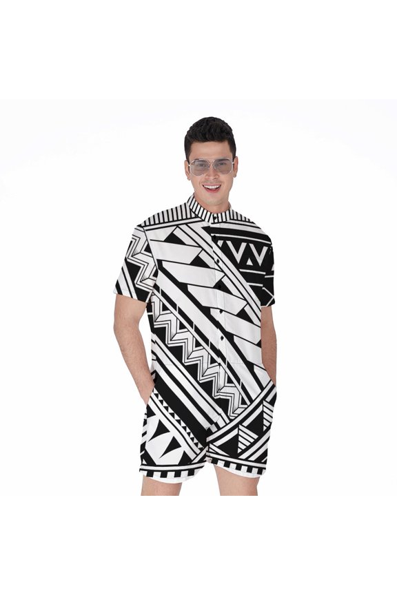 Maori Polynesian Tattoo Pattern Short Sleeve Men'S Rompers, Polynesian Maori Traditional Casual Summer Jumpsuits Outfit