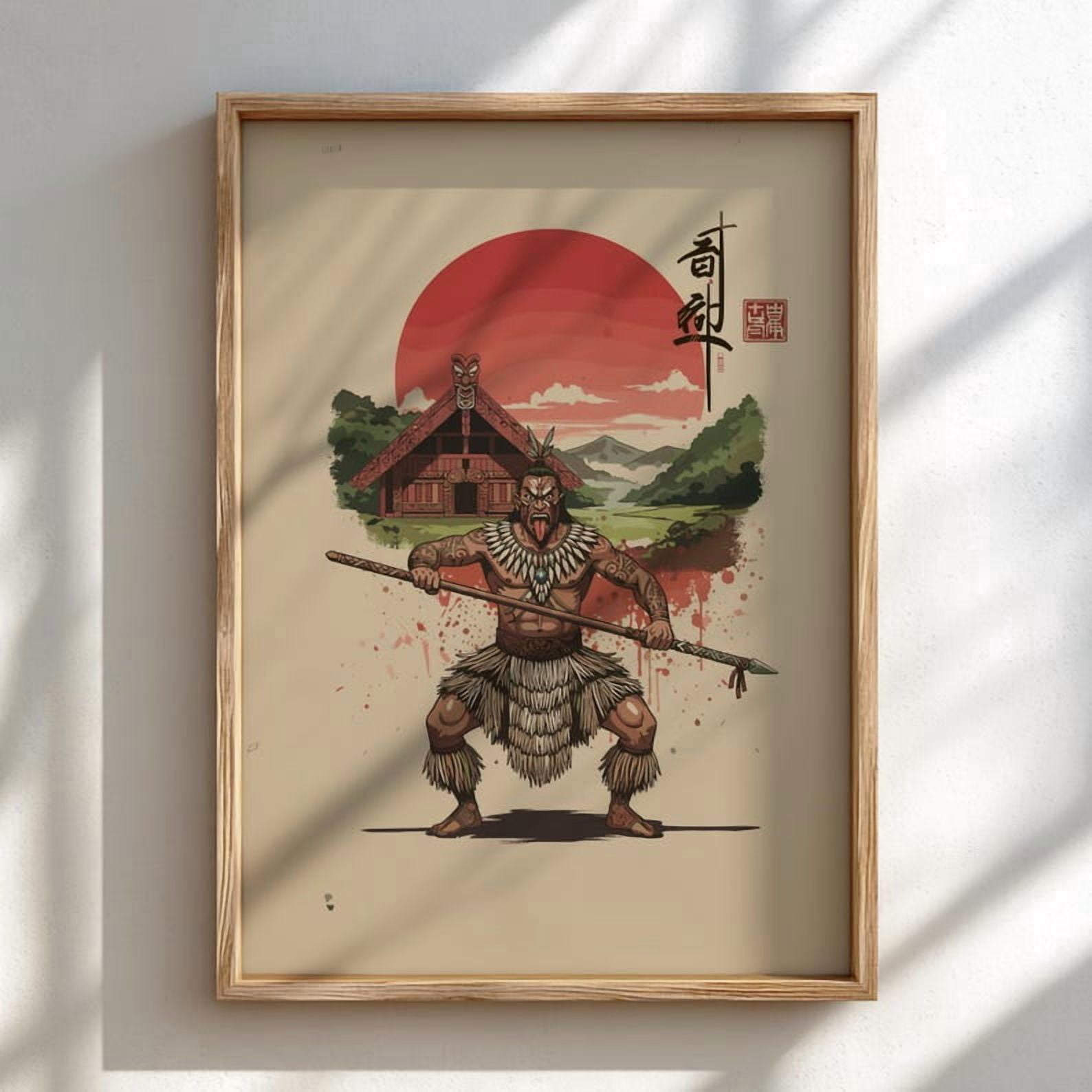 Maori Warrior Japanese Ink Art Print Sumi-e Rising Sun Poster Mixed ...