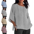 thumbnail image 1 of 3/4 Length Sleeve Womens Tops Plus Size Women's Summer Striped Round Neck Loose Cotton And Linen Top T Shirt 3/4 Sleeve T Shirts for Women,Gray,M, 1 of 6